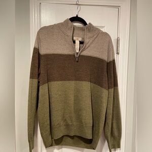Dockers Mens Size L Brown Green Stripe Long Sleeve Mock Neck Quarter Zip Sweater